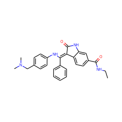 CCNC(=O)c1ccc2c(c1)NC(=O)/C2=C(\Nc1ccc(CN(C)C)cc1)c1ccccc1 ZINC000101372852