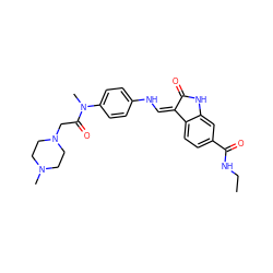 CCNC(=O)c1ccc2c(c1)NC(=O)/C2=C\Nc1ccc(N(C)C(=O)CN2CCN(C)CC2)cc1 ZINC000035903076