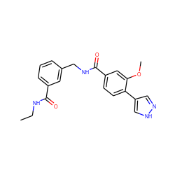 CCNC(=O)c1cccc(CNC(=O)c2ccc(-c3cn[nH]c3)c(OC)c2)c1 ZINC001772629411