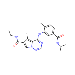 CCNC(=O)c1cn2ncnc(Nc3cc(C(=O)NC(C)C)ccc3C)c2c1C ZINC000064491945