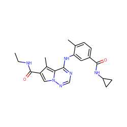 CCNC(=O)c1cn2ncnc(Nc3cc(C(=O)NC4CC4)ccc3C)c2c1C ZINC000038937686