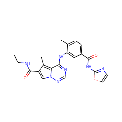 CCNC(=O)c1cn2ncnc(Nc3cc(C(=O)Nc4ncco4)ccc3C)c2c1C ZINC000064416819