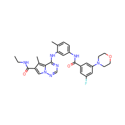 CCNC(=O)c1cn2ncnc(Nc3cc(NC(=O)c4cc(F)cc(N5CCOCC5)c4)ccc3C)c2c1C ZINC000029048552