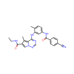 CCNC(=O)c1cn2ncnc(Nc3cc(NC(=O)c4ccc(C#N)cc4)ccc3C)c2c1C ZINC000029048976