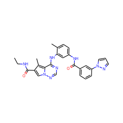 CCNC(=O)c1cn2ncnc(Nc3cc(NC(=O)c4cccc(-n5cccn5)c4)ccc3C)c2c1C ZINC000029049270