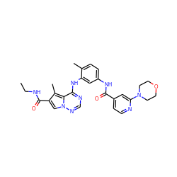 CCNC(=O)c1cn2ncnc(Nc3cc(NC(=O)c4ccnc(N5CCOCC5)c4)ccc3C)c2c1C ZINC000029049139