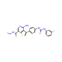 CCNC(=O)c1cnc(N)c2c(-c3ccc(NC(=O)Nc4cccc(F)c4)cc3)csc12 ZINC000063539829