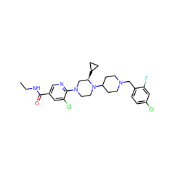 CCNC(=O)c1cnc(N2CCN(C3CCN(Cc4ccc(Cl)cc4F)CC3)[C@H](C3CC3)C2)c(Cl)c1 ZINC000066066126