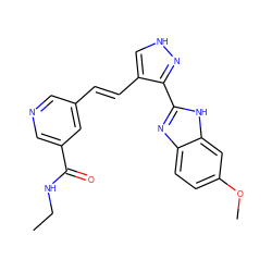 CCNC(=O)c1cncc(/C=C/c2c[nH]nc2-c2nc3ccc(OC)cc3[nH]2)c1 ZINC000028896781