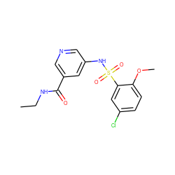 CCNC(=O)c1cncc(NS(=O)(=O)c2cc(Cl)ccc2OC)c1 ZINC000220906074