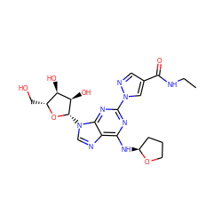 CCNC(=O)c1cnn(-c2nc(N[C@H]3CCCO3)c3ncn([C@@H]4O[C@H](CO)[C@@H](O)[C@H]4O)c3n2)c1 ZINC000028817615