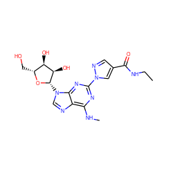 CCNC(=O)c1cnn(-c2nc(NC)c3ncn([C@@H]4O[C@H](CO)[C@@H](O)[C@H]4O)c3n2)c1 ZINC000013582892