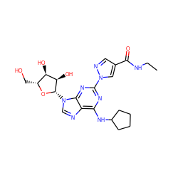 CCNC(=O)c1cnn(-c2nc(NC3CCCC3)c3ncn([C@@H]4O[C@H](CO)[C@@H](O)[C@H]4O)c3n2)c1 ZINC000028817644