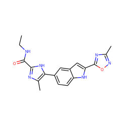 CCNC(=O)c1nc(C)c(-c2ccc3[nH]c(-c4nc(C)no4)cc3c2)[nH]1 ZINC000068208324