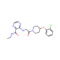 CCNC(=O)c1nccnc1NCC(=O)N1CCC(Oc2ccccc2Cl)CC1 ZINC000028704879