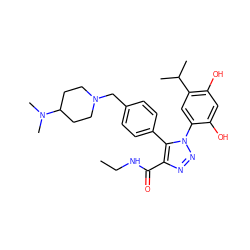 CCNC(=O)c1nnn(-c2cc(C(C)C)c(O)cc2O)c1-c1ccc(CN2CCC(N(C)C)CC2)cc1 ZINC000169311431