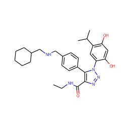 CCNC(=O)c1nnn(-c2cc(C(C)C)c(O)cc2O)c1-c1ccc(CNCC2CCCCC2)cc1 ZINC000169311437