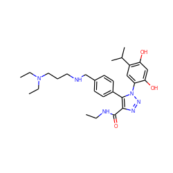 CCNC(=O)c1nnn(-c2cc(C(C)C)c(O)cc2O)c1-c1ccc(CNCCCN(CC)CC)cc1 ZINC000169313090