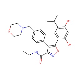 CCNC(=O)c1noc(-c2cc(C(C)C)c(O)cc2O)c1-c1ccc(CN2CCOCC2)cc1 ZINC000100015656