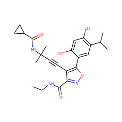 CCNC(=O)c1noc(-c2cc(C(C)C)c(O)cc2O)c1C#CC(C)(C)NC(=O)C1CC1 ZINC000474607643