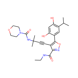 CCNC(=O)c1noc(-c2cc(C(C)C)c(O)cc2O)c1C#CC(C)(C)NC(=O)N1CCOCC1 ZINC000473086949