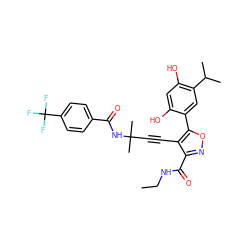 CCNC(=O)c1noc(-c2cc(C(C)C)c(O)cc2O)c1C#CC(C)(C)NC(=O)c1ccc(C(F)(F)F)cc1 ZINC000473090772