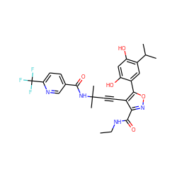 CCNC(=O)c1noc(-c2cc(C(C)C)c(O)cc2O)c1C#CC(C)(C)NC(=O)c1ccc(C(F)(F)F)nc1 ZINC000473086966