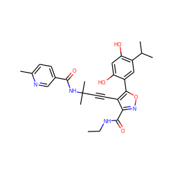 CCNC(=O)c1noc(-c2cc(C(C)C)c(O)cc2O)c1C#CC(C)(C)NC(=O)c1ccc(C)nc1 ZINC000473091623