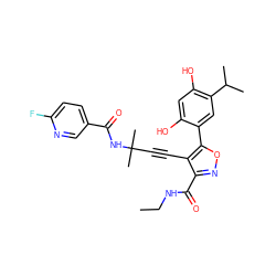 CCNC(=O)c1noc(-c2cc(C(C)C)c(O)cc2O)c1C#CC(C)(C)NC(=O)c1ccc(F)nc1 ZINC000473095940