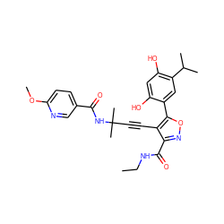 CCNC(=O)c1noc(-c2cc(C(C)C)c(O)cc2O)c1C#CC(C)(C)NC(=O)c1ccc(OC)nc1 ZINC000473096638