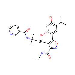 CCNC(=O)c1noc(-c2cc(C(C)C)c(O)cc2O)c1C#CC(C)(C)NC(=O)c1cccnc1 ZINC000473096808