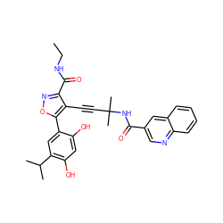 CCNC(=O)c1noc(-c2cc(C(C)C)c(O)cc2O)c1C#CC(C)(C)NC(=O)c1cnc2ccccc2c1 ZINC000473086658