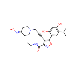 CCNC(=O)c1noc(-c2cc(C(C)C)c(O)cc2O)c1C#CCN1CCC(=NOC)CC1 ZINC000473106573