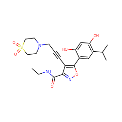 CCNC(=O)c1noc(-c2cc(C(C)C)c(O)cc2O)c1C#CCN1CCS(=O)(=O)CC1 ZINC000473106406