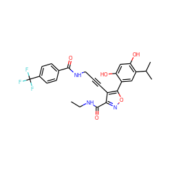 CCNC(=O)c1noc(-c2cc(C(C)C)c(O)cc2O)c1C#CCNC(=O)c1ccc(C(F)(F)F)cc1 ZINC000474609700