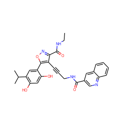 CCNC(=O)c1noc(-c2cc(C(C)C)c(O)cc2O)c1C#CCNC(=O)c1cnc2ccccc2c1 ZINC000474603736