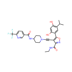 CCNC(=O)c1noc(-c2cc(C(C)C)c(O)cc2O)c1C#CN1CCC(NC(=O)c2ccc(C(F)(F)F)nc2)CC1 ZINC000474609908