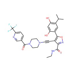 CCNC(=O)c1noc(-c2cc(C(C)C)c(O)cc2O)c1C#CN1CCN(C(=O)c2ccc(C(F)(F)F)nc2)CC1 ZINC000474603411