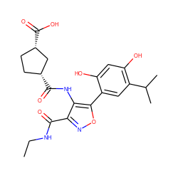 CCNC(=O)c1noc(-c2cc(C(C)C)c(O)cc2O)c1NC(=O)[C@@H]1CC[C@H](C(=O)O)C1 ZINC000073223174