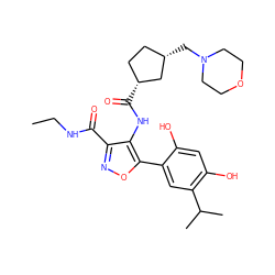 CCNC(=O)c1noc(-c2cc(C(C)C)c(O)cc2O)c1NC(=O)[C@@H]1CC[C@H](CN2CCOCC2)C1 ZINC000073223625