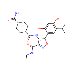 CCNC(=O)c1noc(-c2cc(C(C)C)c(O)cc2O)c1NC(=O)[C@H]1CC[C@@H](C(N)=O)CC1 ZINC000102919079