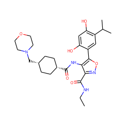 CCNC(=O)c1noc(-c2cc(C(C)C)c(O)cc2O)c1NC(=O)[C@H]1CC[C@@H](CN2CCOCC2)CC1 ZINC000101464549