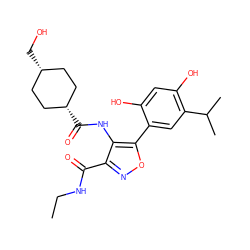 CCNC(=O)c1noc(-c2cc(C(C)C)c(O)cc2O)c1NC(=O)[C@H]1CC[C@@H](CO)CC1 ZINC000101464544