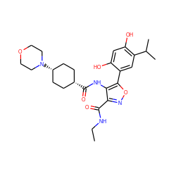 CCNC(=O)c1noc(-c2cc(C(C)C)c(O)cc2O)c1NC(=O)[C@H]1CC[C@@H](N2CCOCC2)CC1 ZINC000101464548