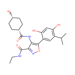 CCNC(=O)c1noc(-c2cc(C(C)C)c(O)cc2O)c1NC(=O)[C@H]1CC[C@@H](O)CC1 ZINC000102929037