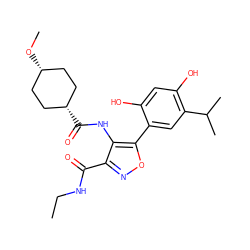 CCNC(=O)c1noc(-c2cc(C(C)C)c(O)cc2O)c1NC(=O)[C@H]1CC[C@@H](OC)CC1 ZINC000261139440