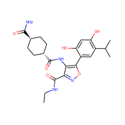 CCNC(=O)c1noc(-c2cc(C(C)C)c(O)cc2O)c1NC(=O)[C@H]1CC[C@H](C(N)=O)CC1 ZINC000102920899