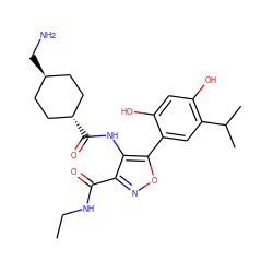 CCNC(=O)c1noc(-c2cc(C(C)C)c(O)cc2O)c1NC(=O)[C@H]1CC[C@H](CN)CC1 ZINC000254113593