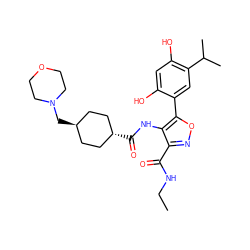 CCNC(=O)c1noc(-c2cc(C(C)C)c(O)cc2O)c1NC(=O)[C@H]1CC[C@H](CN2CCOCC2)CC1 ZINC000101464553