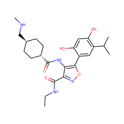 CCNC(=O)c1noc(-c2cc(C(C)C)c(O)cc2O)c1NC(=O)[C@H]1CC[C@H](CNC)CC1 ZINC000261165391